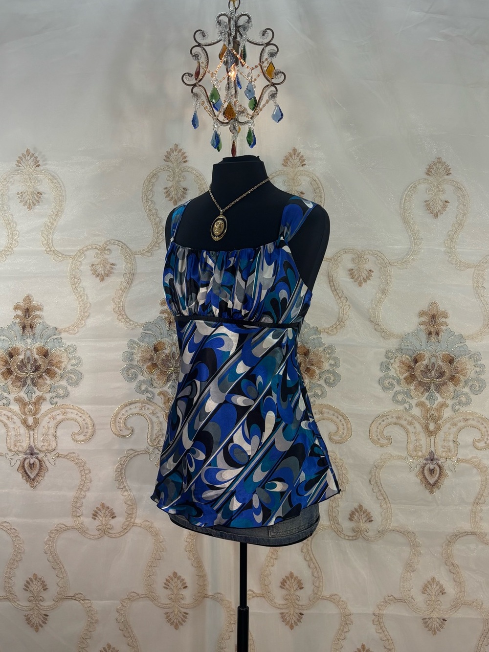 ✨Vintage Y2K Blue & Black Satin Abstract Milkmaid Empire Waist Tank Top✨